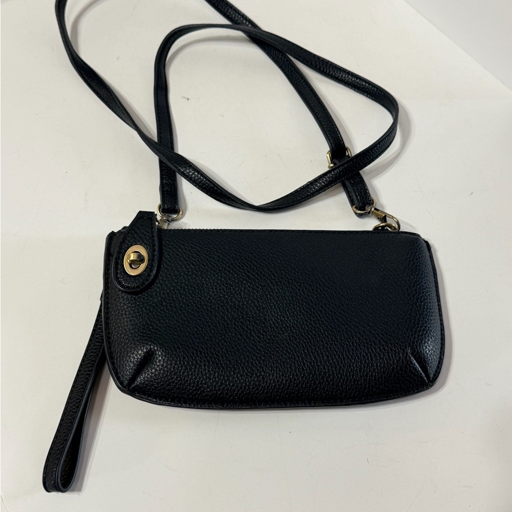 Classic Black Pebbled Leather Crossbody Wristlet